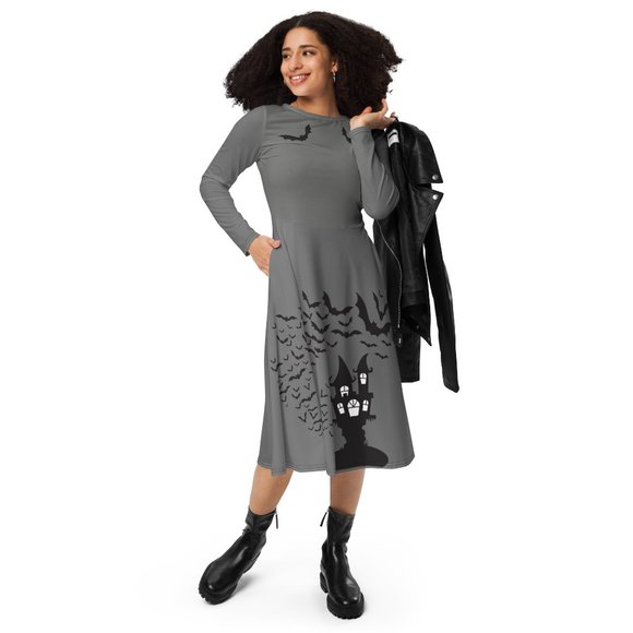 Gothic Bats Pockets Pinup Long Sleeve Dress - Picture 11 of 12